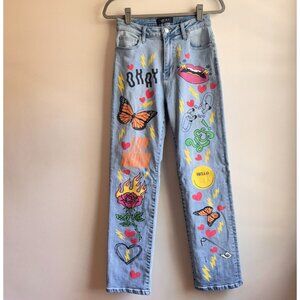 Rare Akira Women's Graphic Print Denim Jeans Size 3 Butterfly Flower Hearts